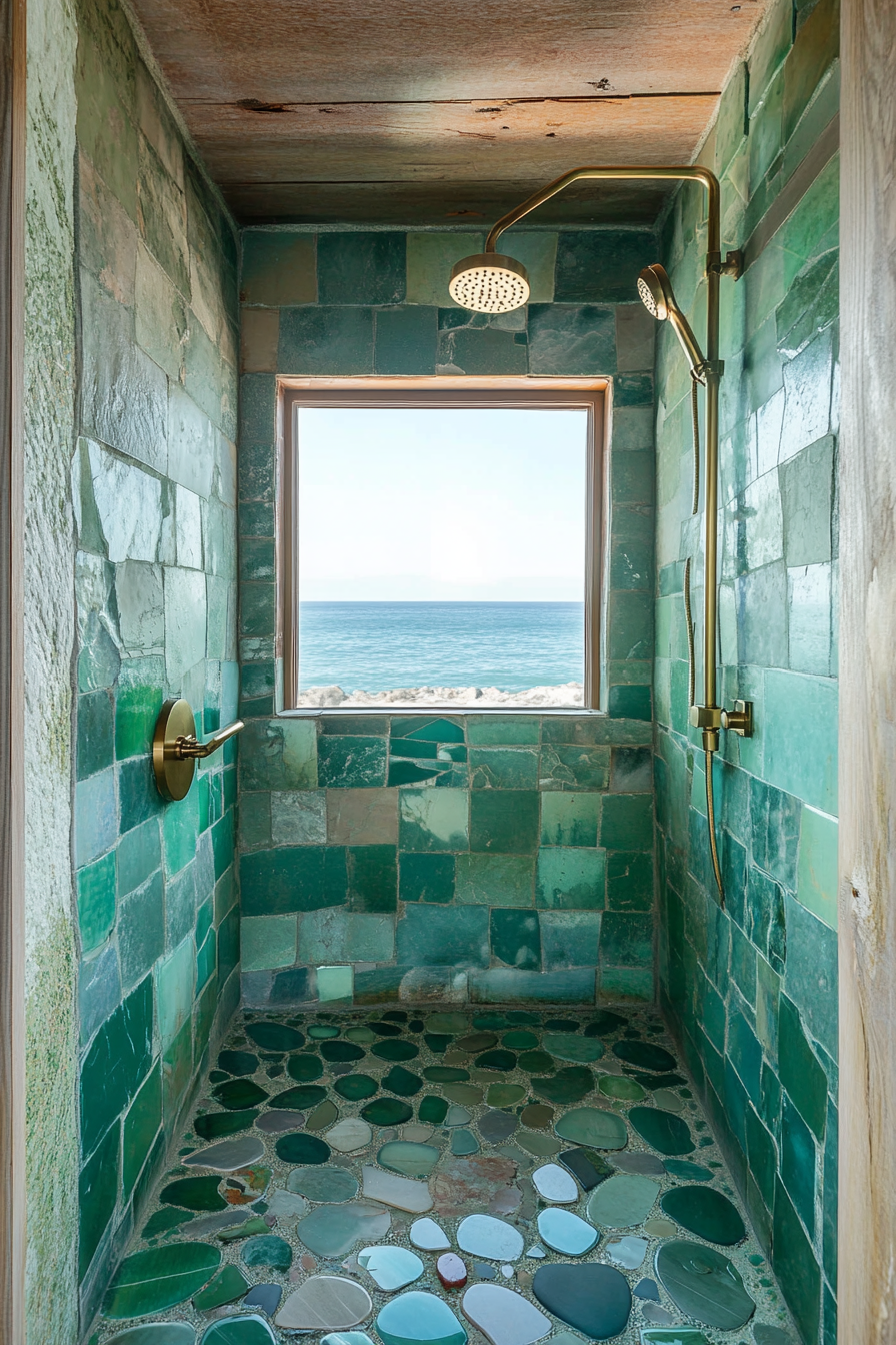 Tiny Beach House Shower. Sea-glass green tiles with matte brass fixtures.