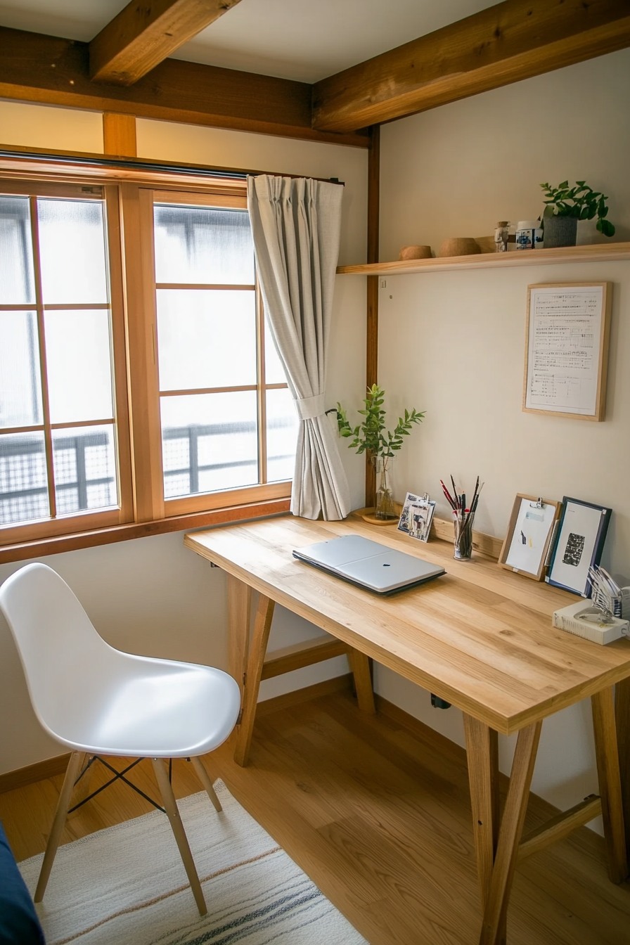 Japandi student dorm room. Simple unfinished wood desk with a white ergonomic chair.