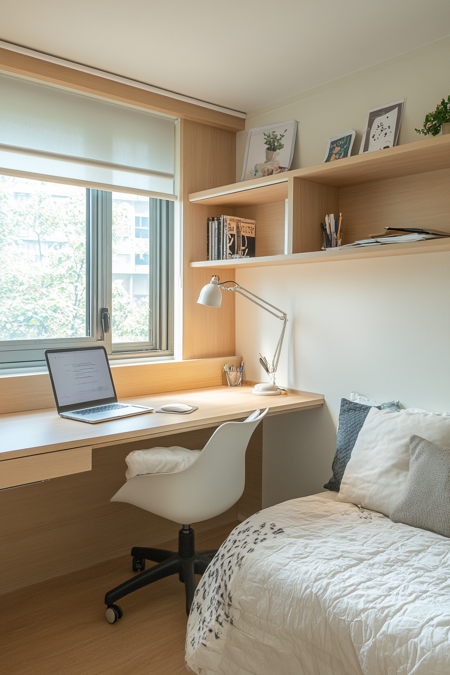 Japandi student dorm room. Light wood floating desk with white ergonomic chair.