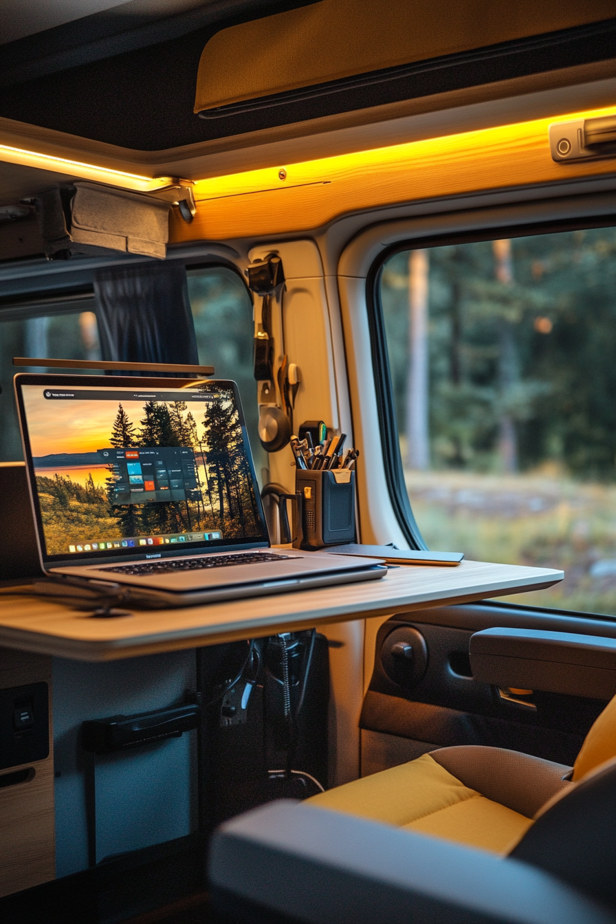 Remote work camper interior. Minimalist desk with integrated charger.