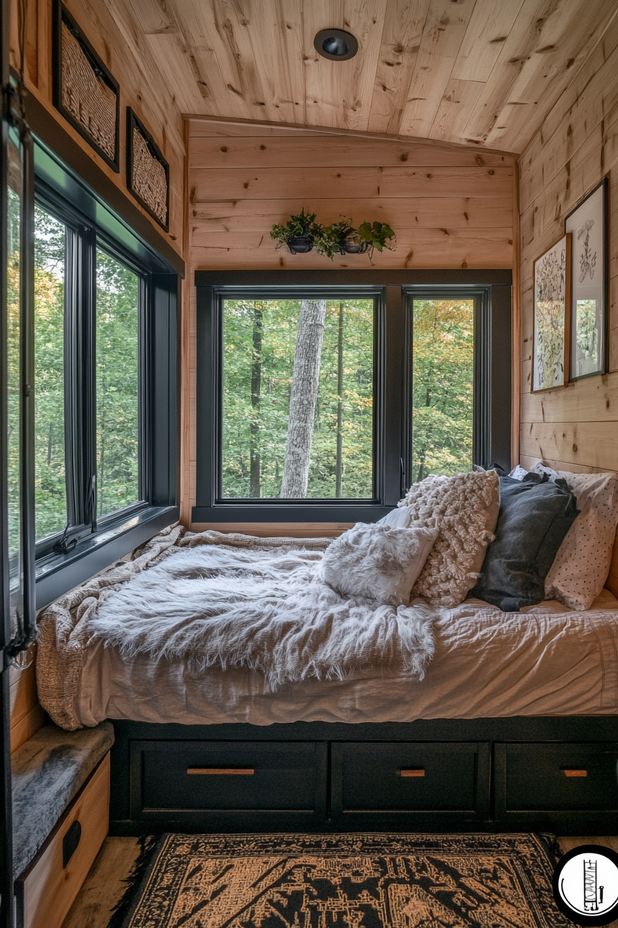 Tiny House Bedroom. Pale wood walls and black-framed windows, pull-out enjoy under-bed storage.