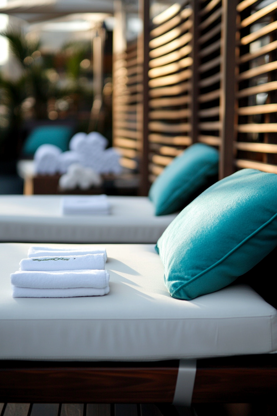 Outdoor Massage Table. Dark wood with thick, white padding and turquoise throw pillows.