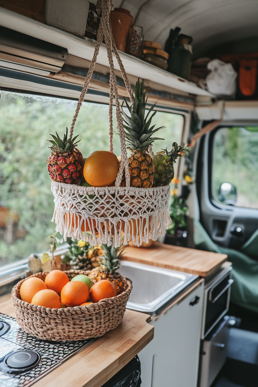 Bohemian camper kitchen. Macramé hanging fruits basket with rattan countertops.