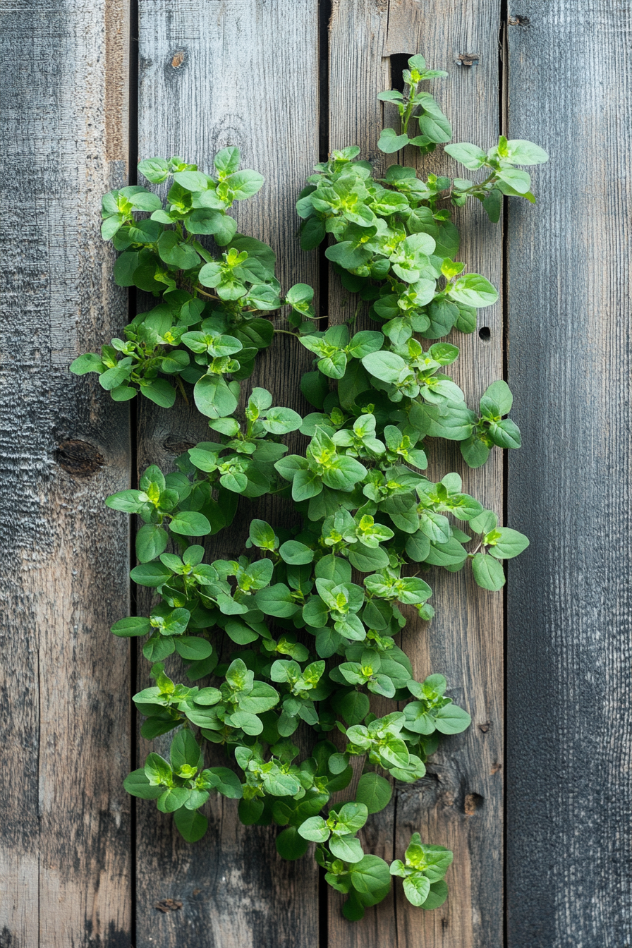 Wall-mounted nutrient film system. Crawling oregano on a shaded plywood background.