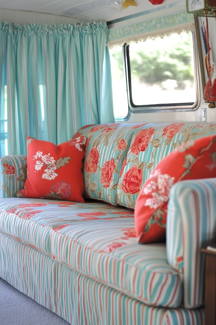 Camper Design. Chintz sofa with aqua stripe curtains.