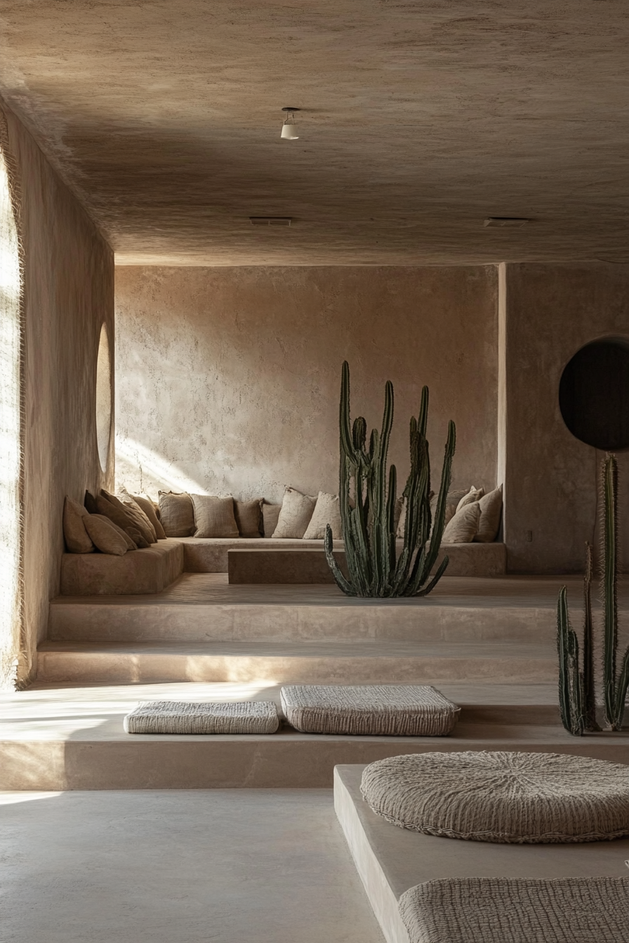 Space interior. Low-profile seating, arranged cacti, minimalist art decor.