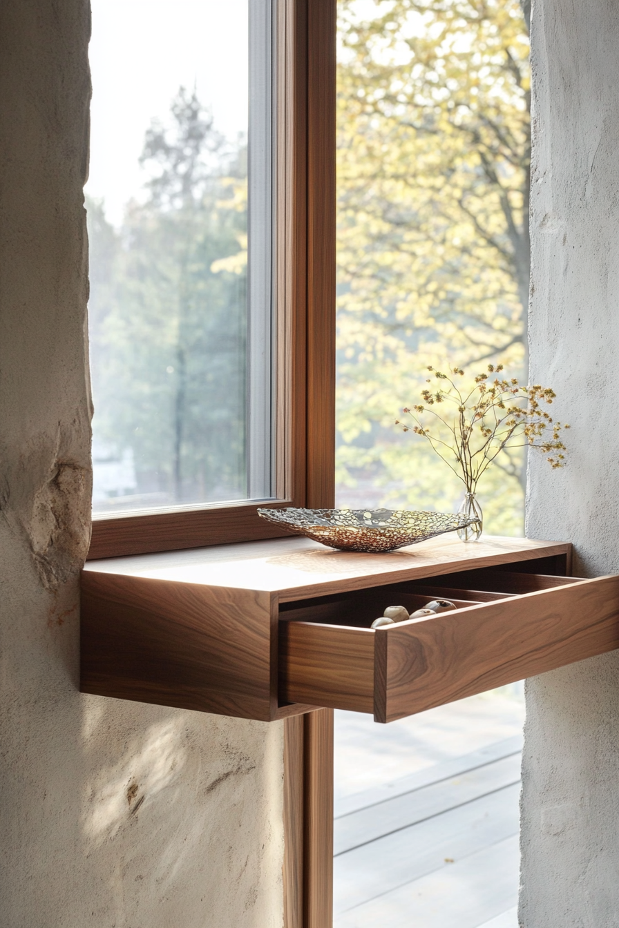 Window Alcove Concept. Floating bench with teak wood hidden drawers.