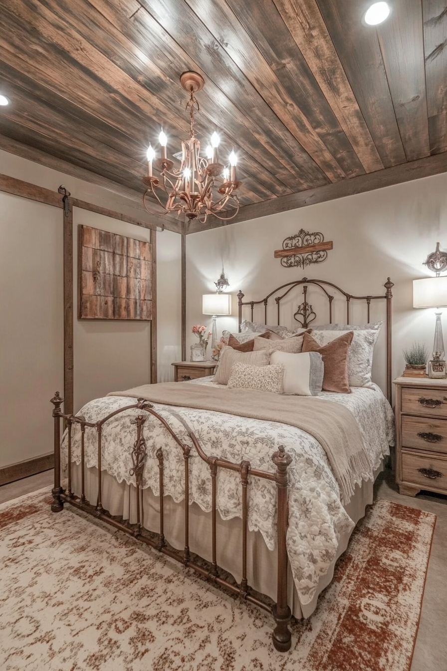 Rustic-chic bedroom. Shiplap ceilings, cream-color iron bed frame with copper wall sconces.