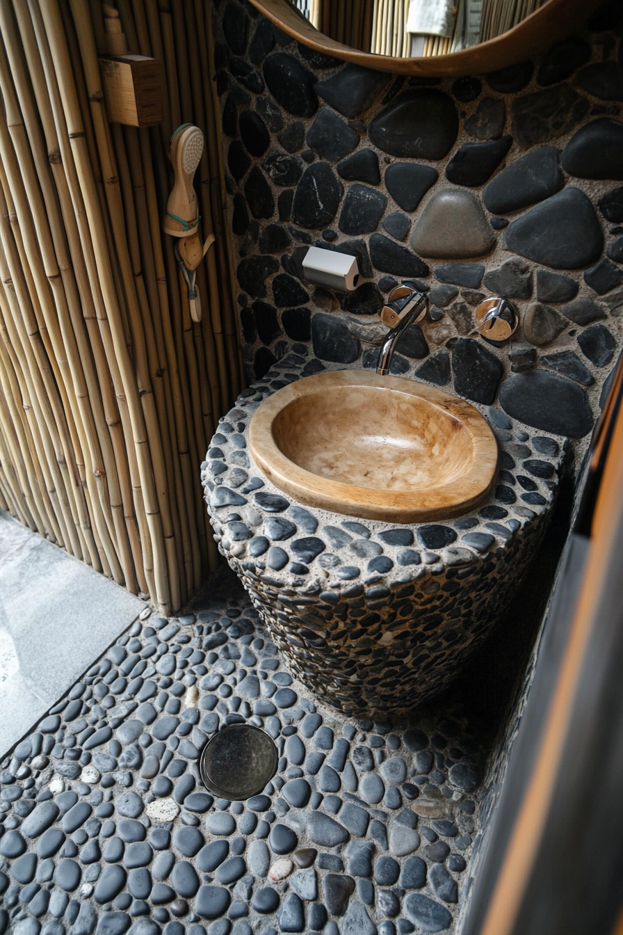 Tiny eco-bathroom concept. River rock inlays with bamboo basin.