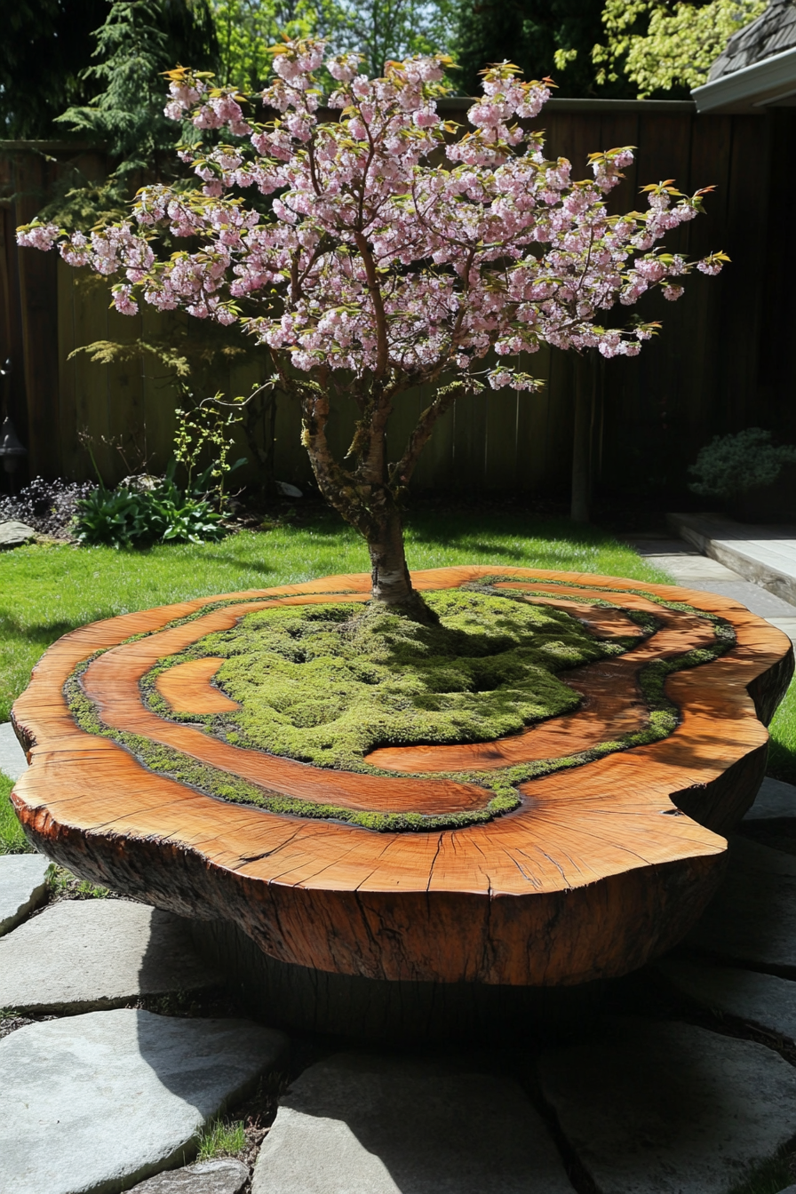 Outdoor massage table. Hardwood, moss-filled cracks. Meditation labyrinth layout. Circular stones, bird-eye cherry tree centerpiece.