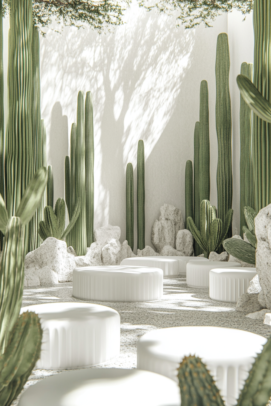 Space scene. Polar white modular seating surrounding emerald cacti under soft diffused daylight.