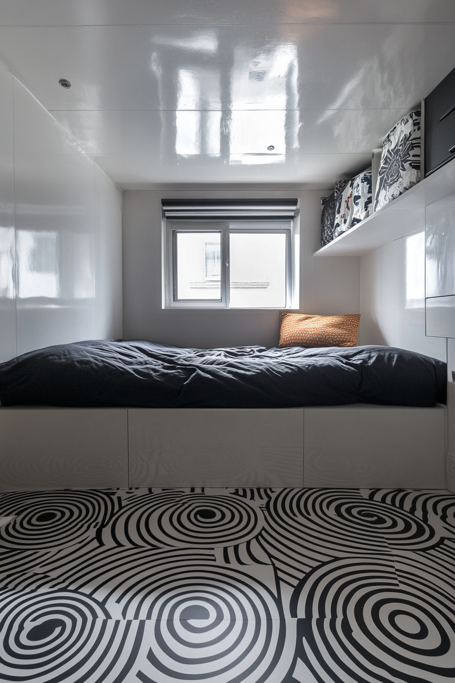 Micro bedroom design. Monochrome, tatami-patterned vinyl flooring.