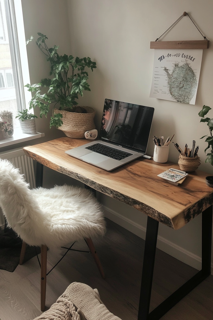 Japandi student dorm room. Minimalistic wooden desk with black metal legs.