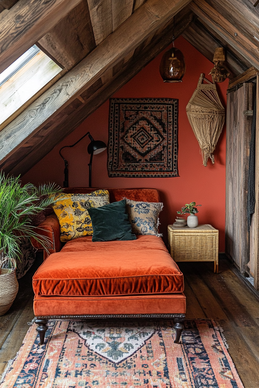 Bohemian tiny home upper level design. Velvet chaise lounge, rattan sidetable.