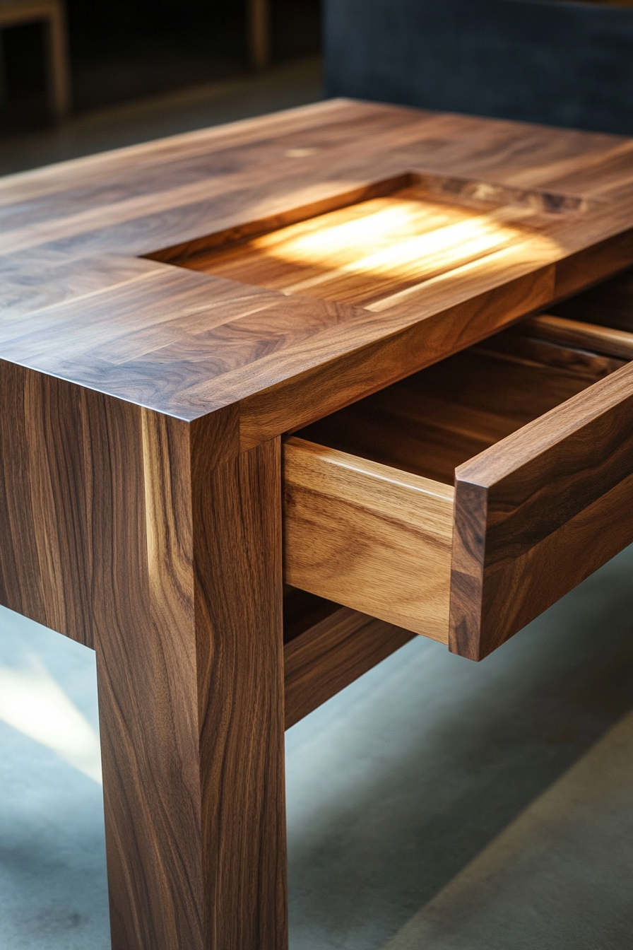 Hidden compartment dining table. Small spaces. Built-in storage under tabletop.