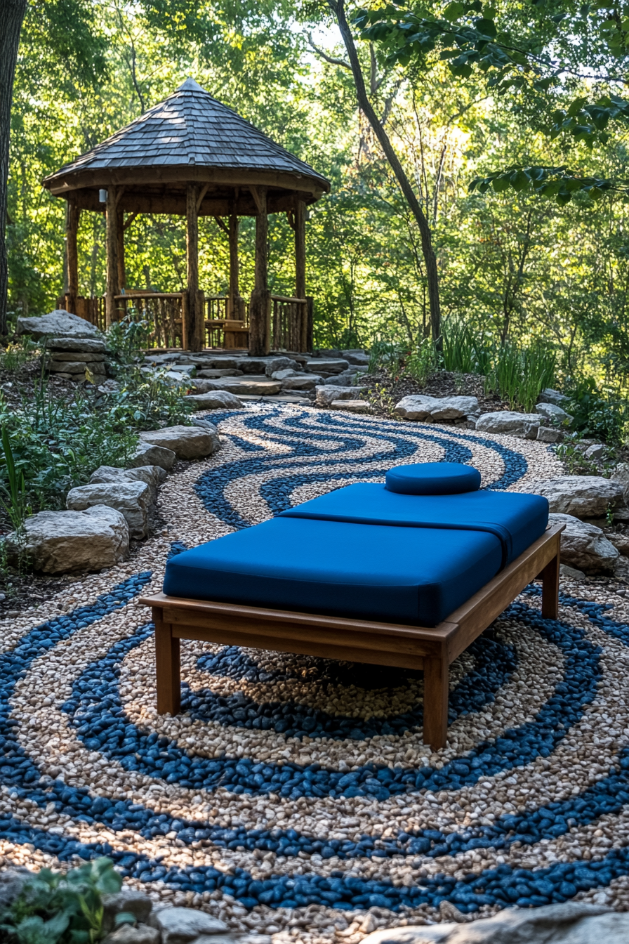 Outdoor massage table. Teak wood with blue padding. Meditation labyrinth layout. Circular pebbled path with center gazebo.