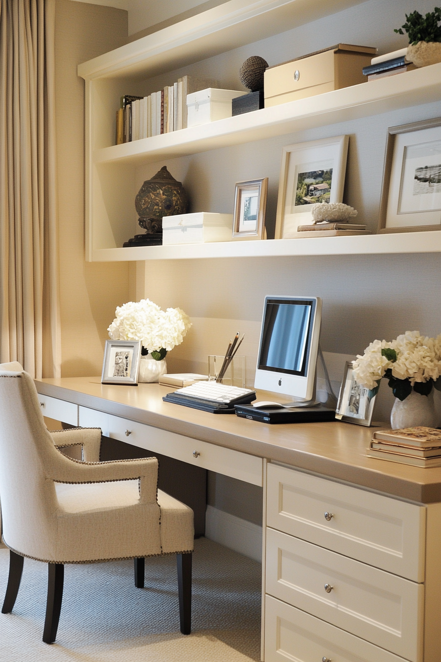 Workspace idea. Bamboo desk with nearby cream-colored floating shelves.