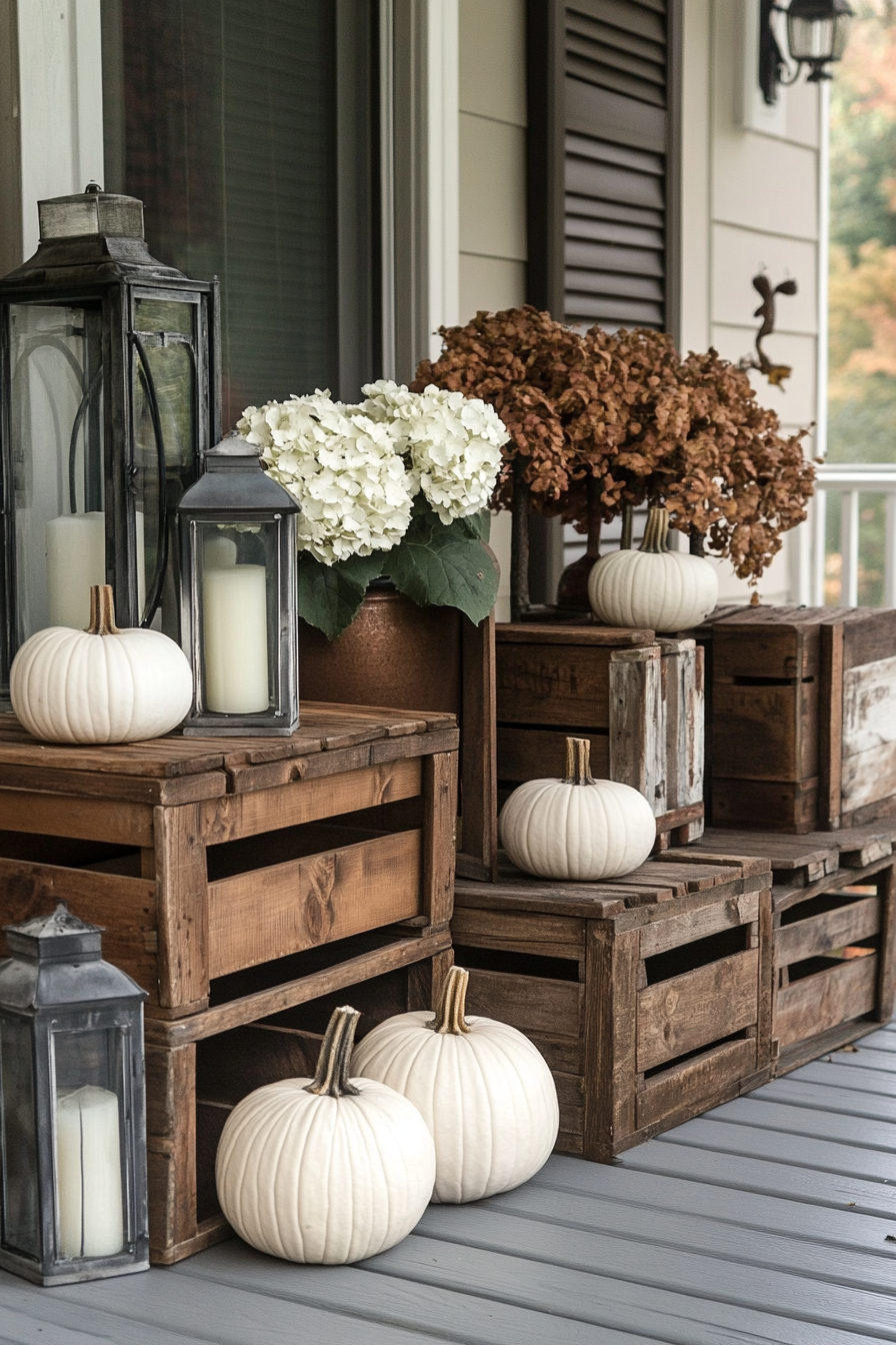 Fall porch. Rustic wooden crates with white pumpkins and galvanized metal lanterns.