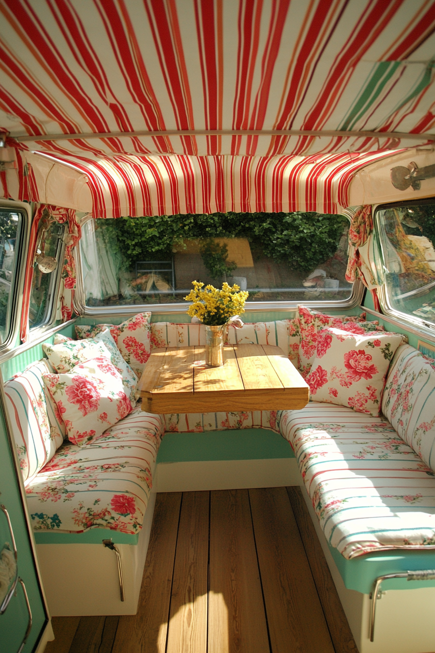 Camper design. Striped awning with chintz cushions and wooden deck.