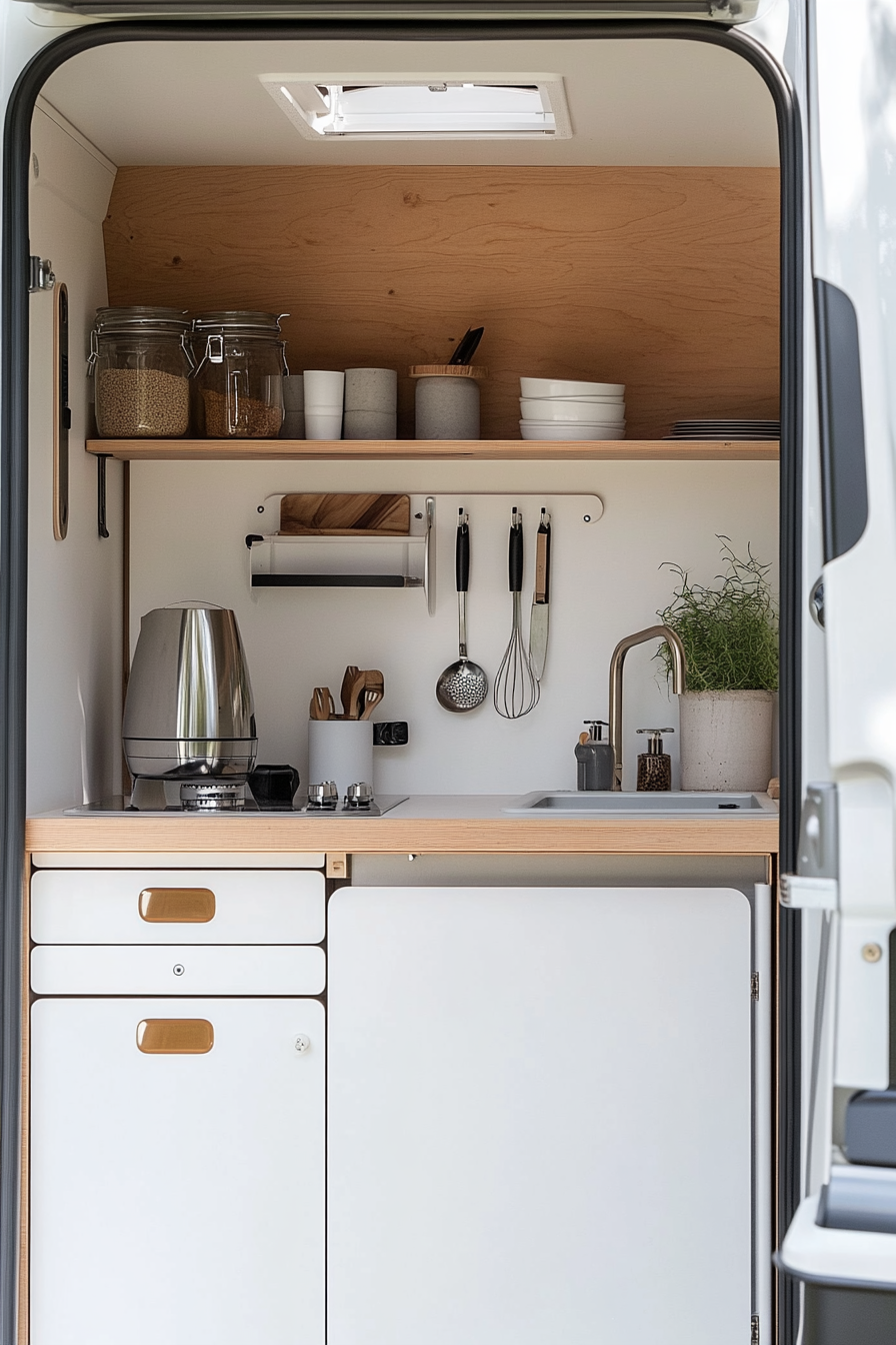 Remote work camper interior. Sleek white kitchenette with plywood cabinets and metallic handles.