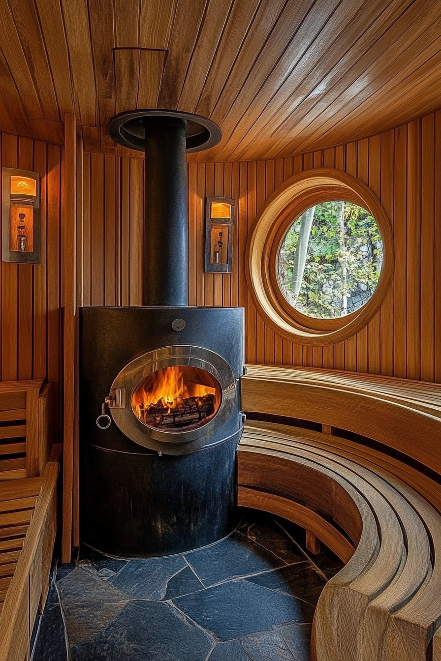 Sauna room design. Circular wood-burning stove with cedar bench tiers.