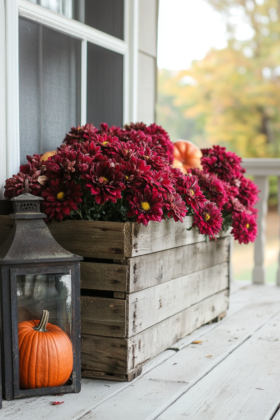 Fall porch. Rustic crate with burgundy mums, Cinderella pumpkins, and vintage lantern.