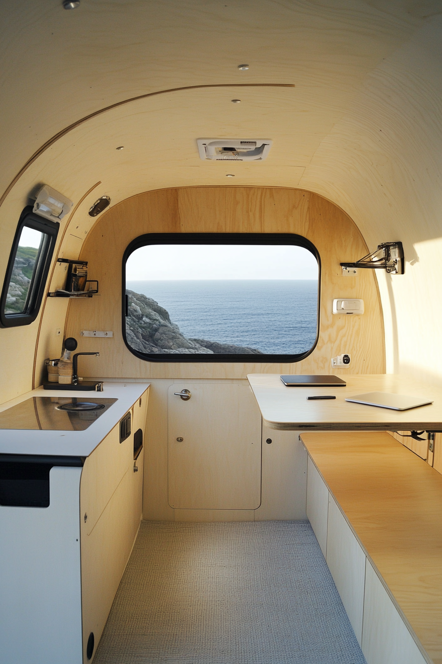 Remote work camper interior. Plywood finishes and white fibreglass walls.