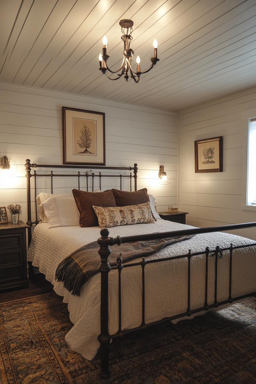 Rustic-Chic Bedroom. White shiplap ceiling, antique iron bed frame.