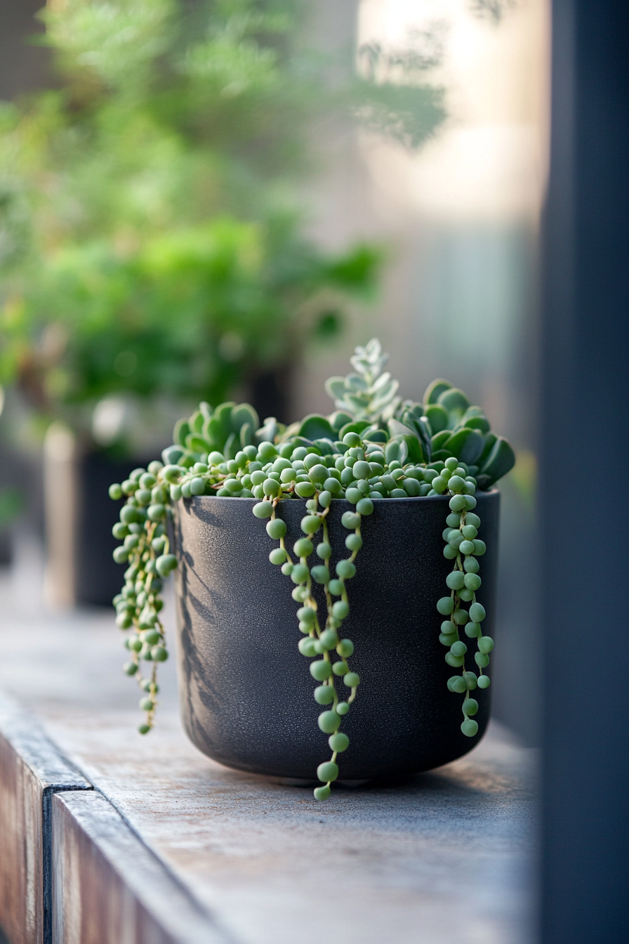 Succulent tiny house roof terrace layout. Black grey-shell planter with string of pearls plant.