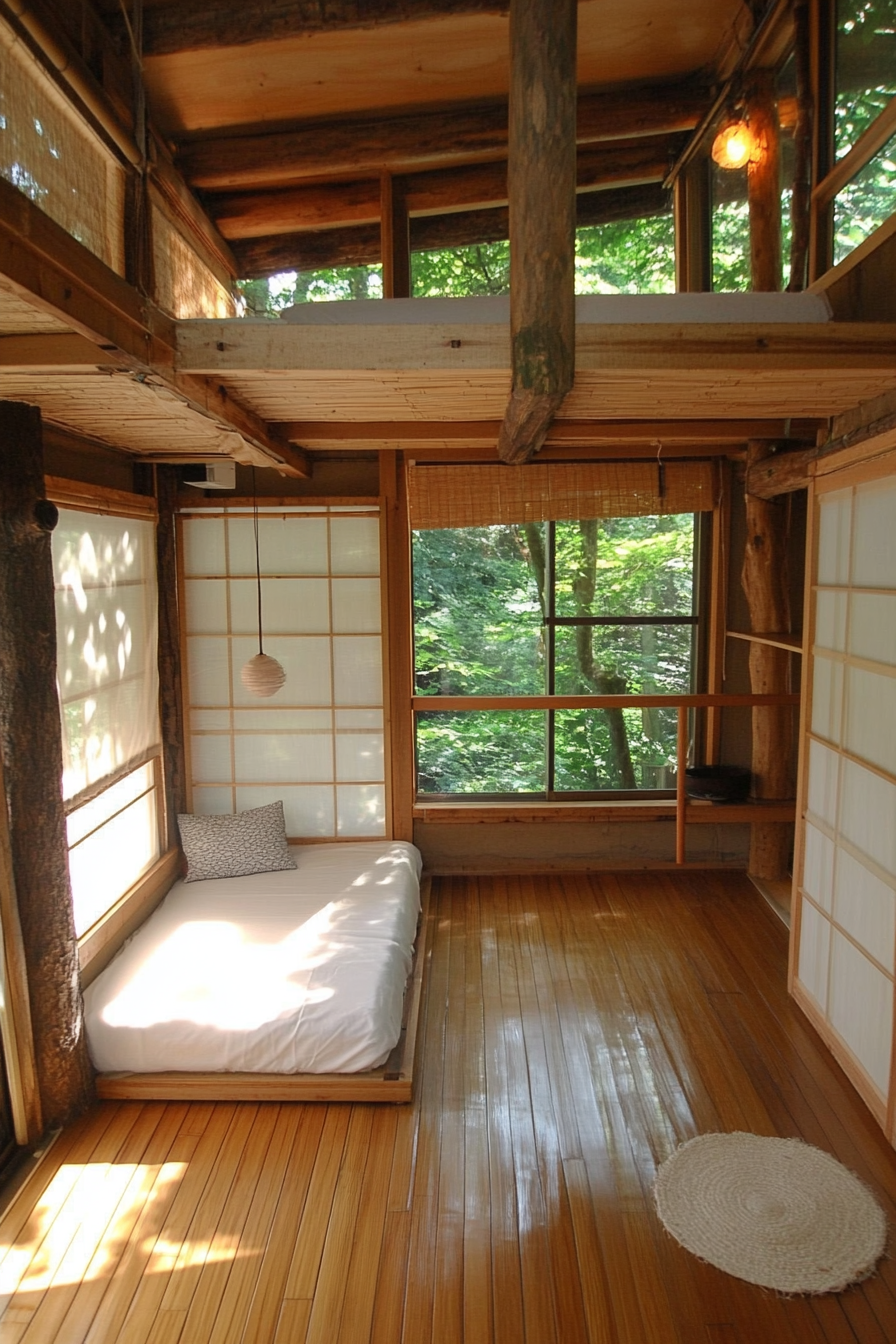 Elevated platform Zen camp. Bamboo floor with white Shoji slide screens.