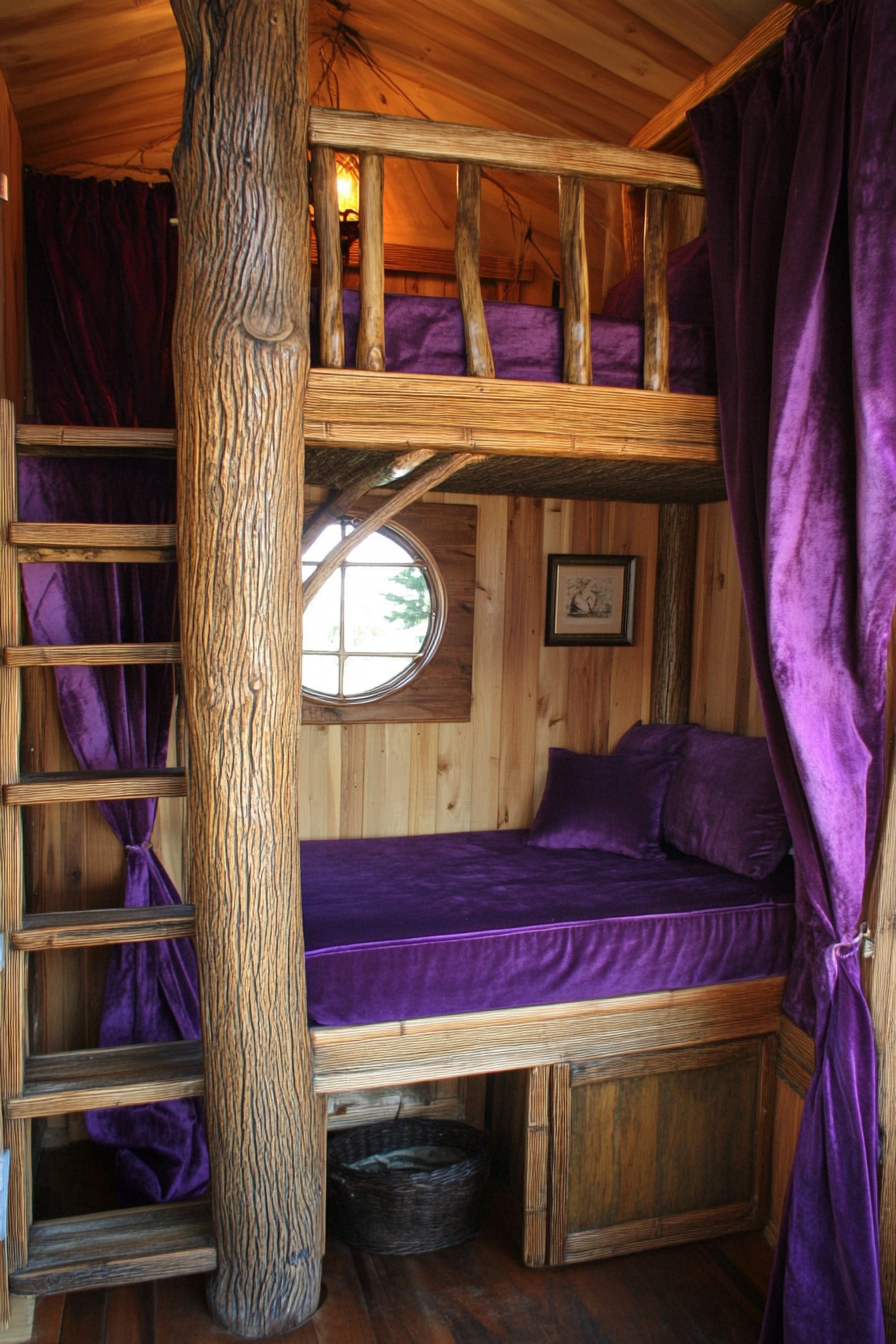 Upper level tiny home design. Rattan loft bed, purple velvet curtains.