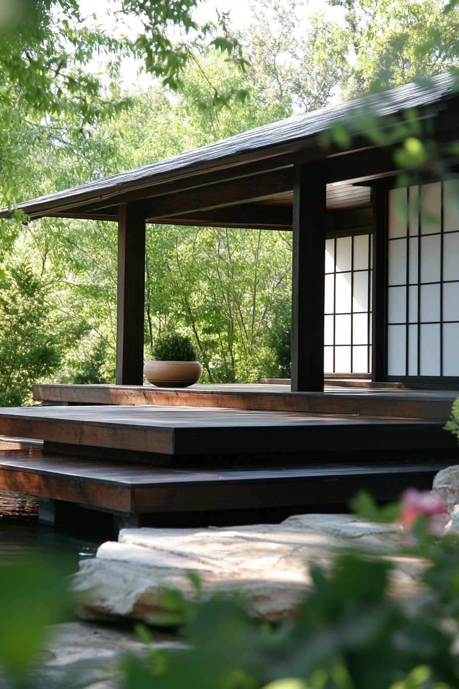 Elevated platform Zen camp concept. Dark wooden platform with white sliding shoji screens.