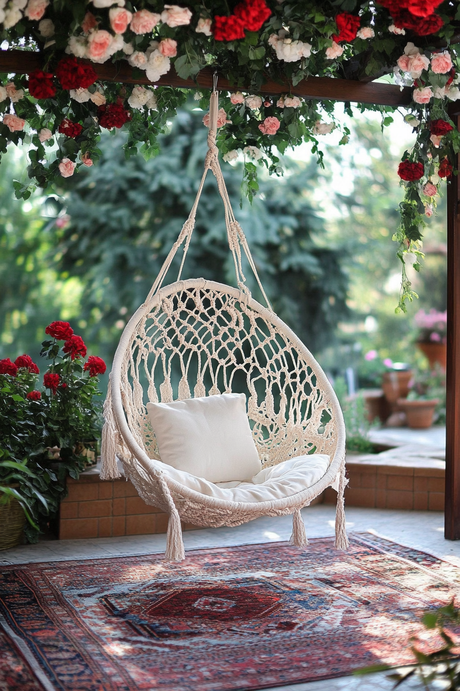 Bohemian patio. Ivory macramé hanging chair under a floral canopy and layered kilim rugs.