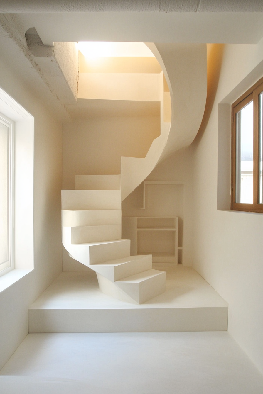 Panoramic micro living. Contemporary spiral staircase leading to a minimalist top floor loft.