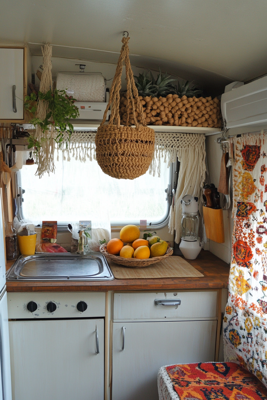 Camper kitchen. Macramé fruit basket hanging from rattan roof.