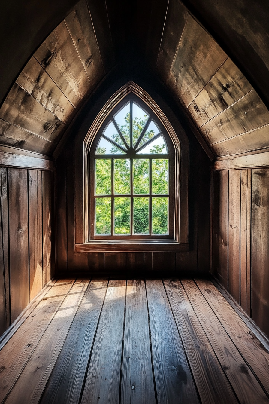 Micro living idea. Pointed arch window in a dark wood-paneled tiny loft space.