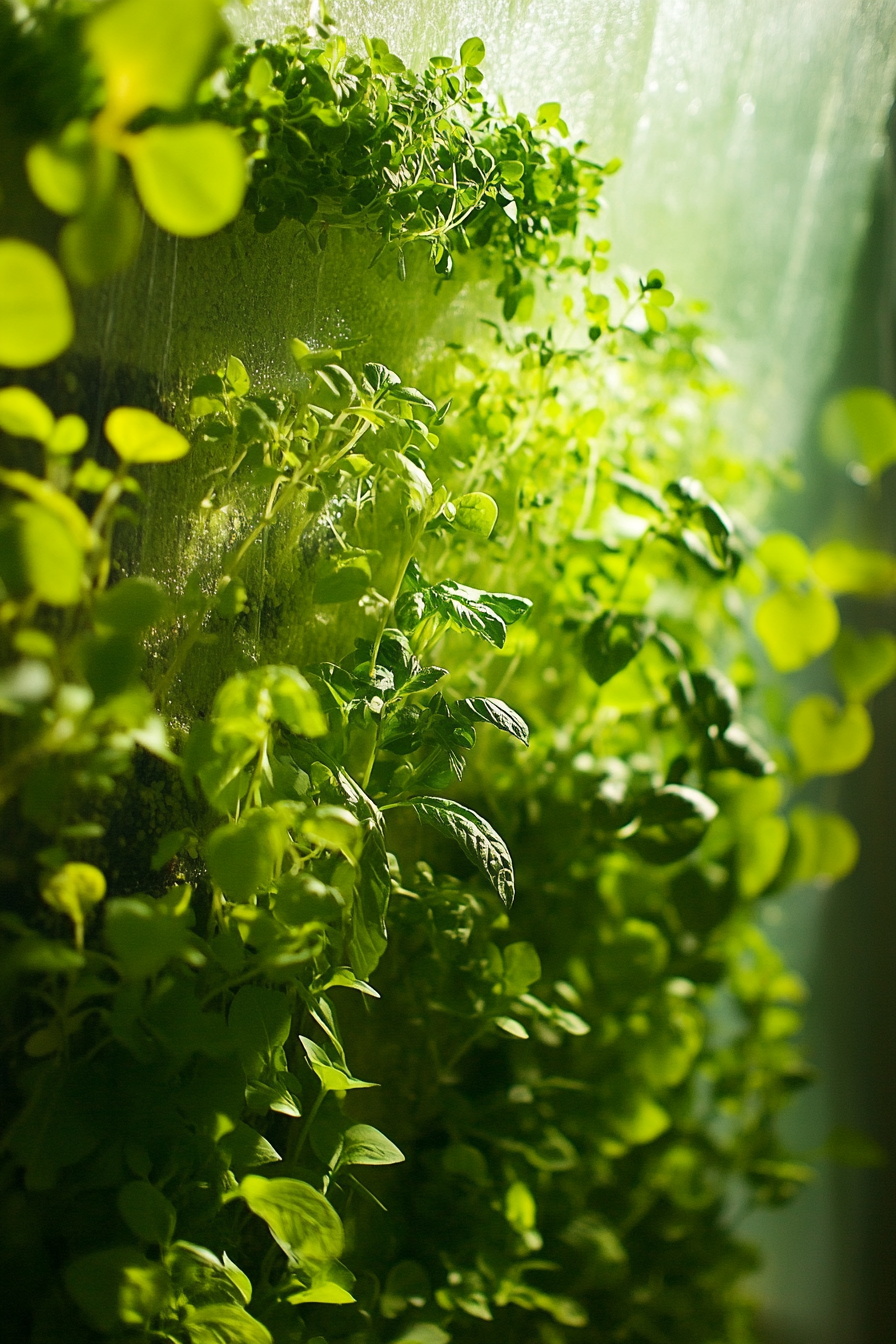 Living wall. Cascading hydroponic herb gardens under espresso tinted translucent acrylic panels.