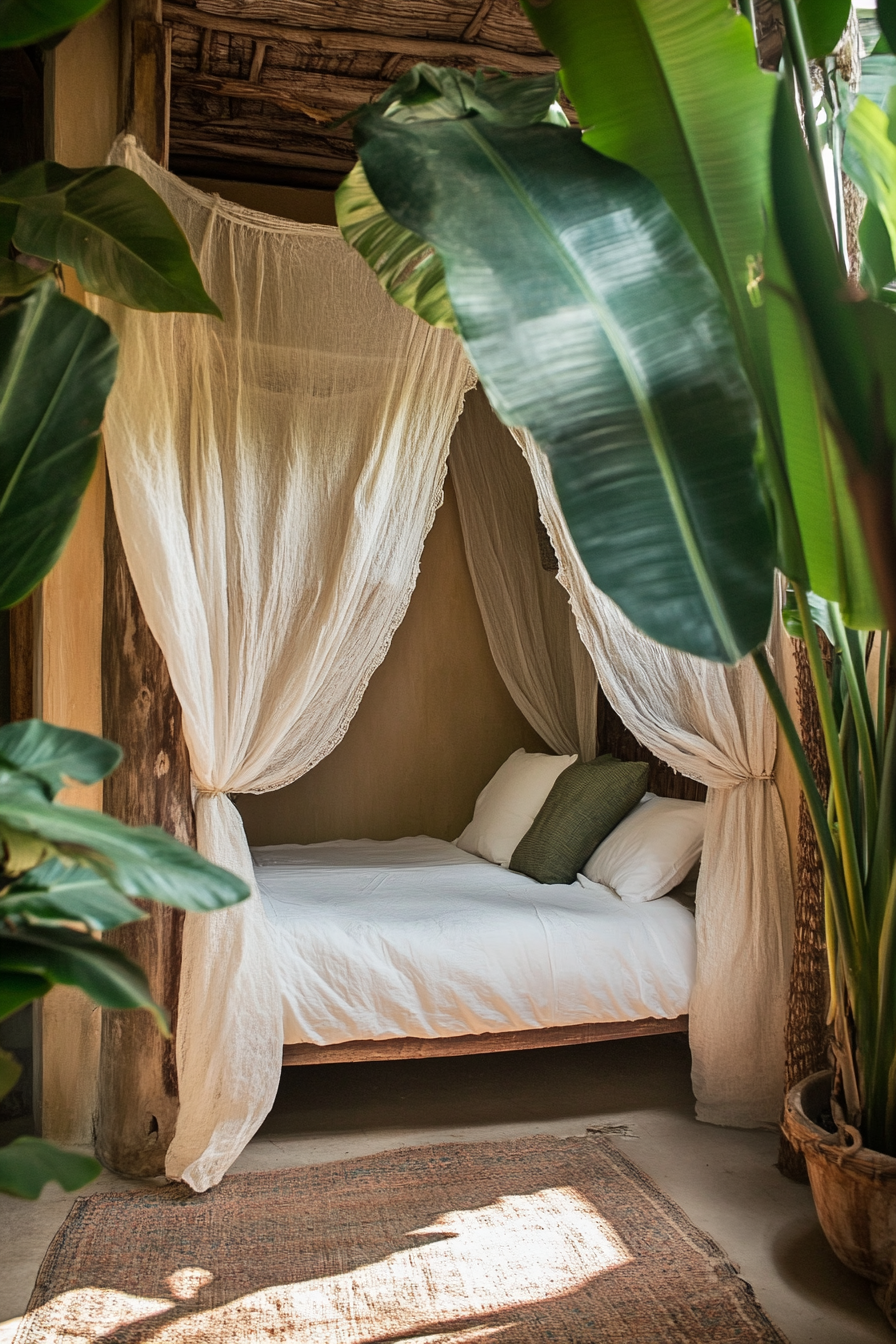 Sleeping nook. Mosquito net drapes and large-leaved green tropical plant.