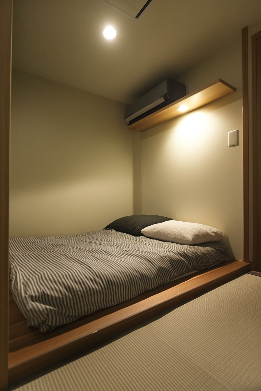 Micro bedroom design. Monochrome cube shelf storage on Tatami floor.