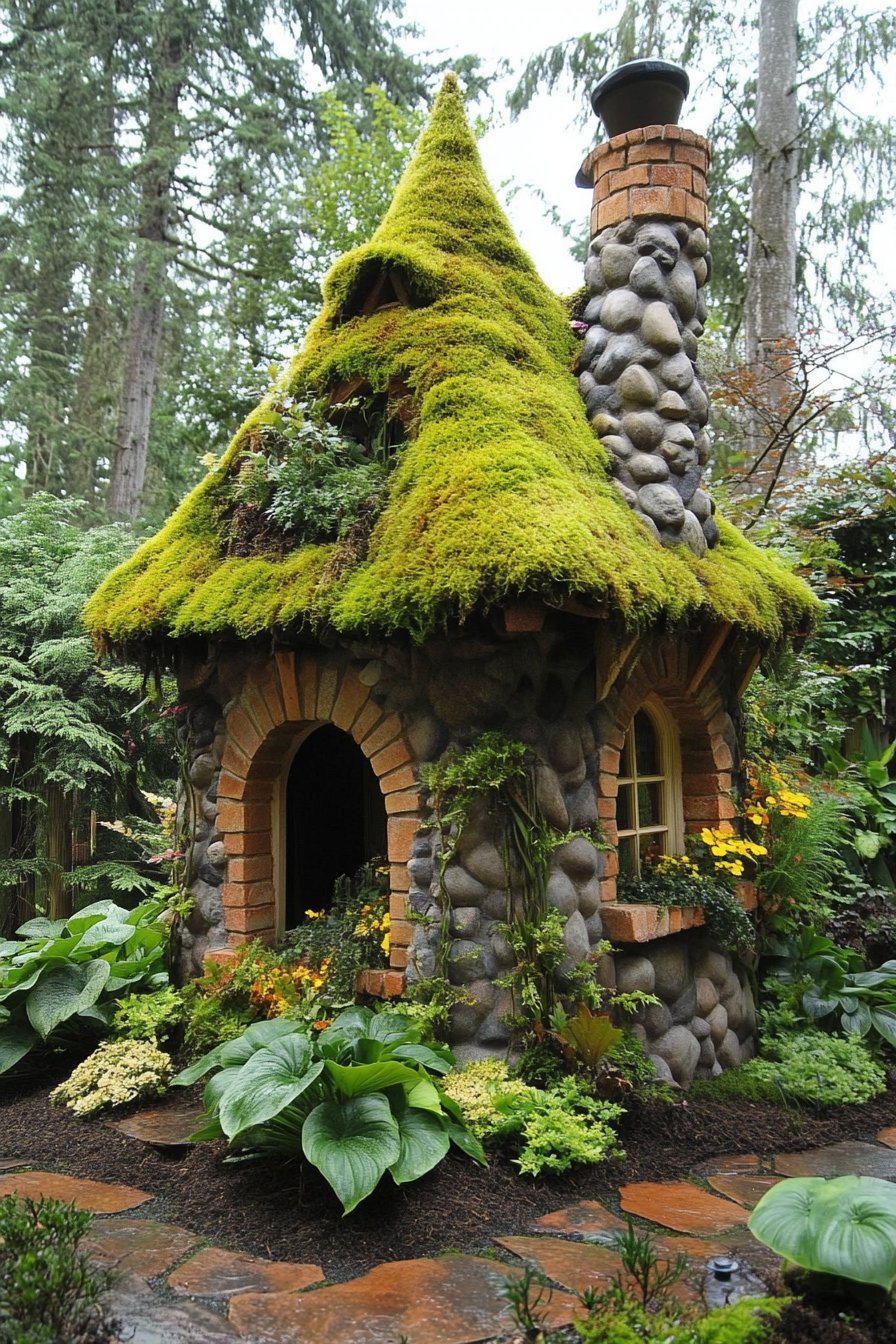 Fairytale micro home design. Hosta-covered cobblestone, with moss chimney and bamboo thatched roof.