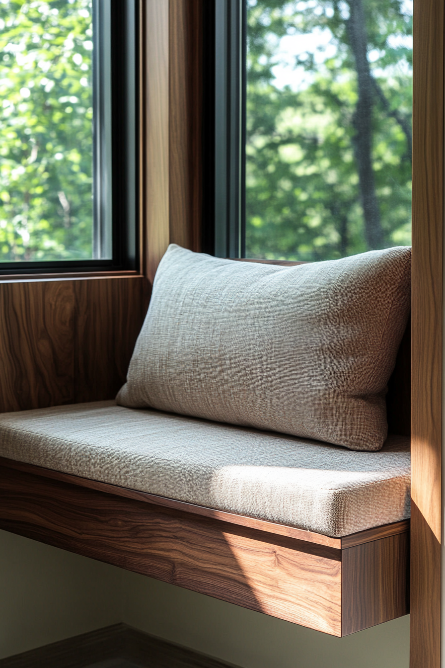 Floating Bench. Walnut wood bench with hidden storage under seat in window alcove.