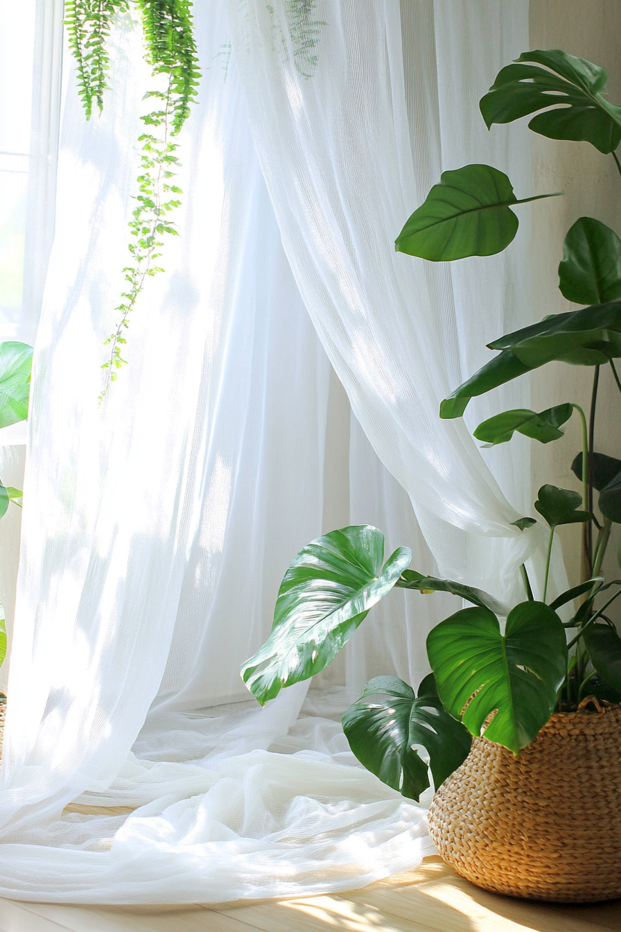 Sleeping nook. White mosquito net drapes with monstera plants.