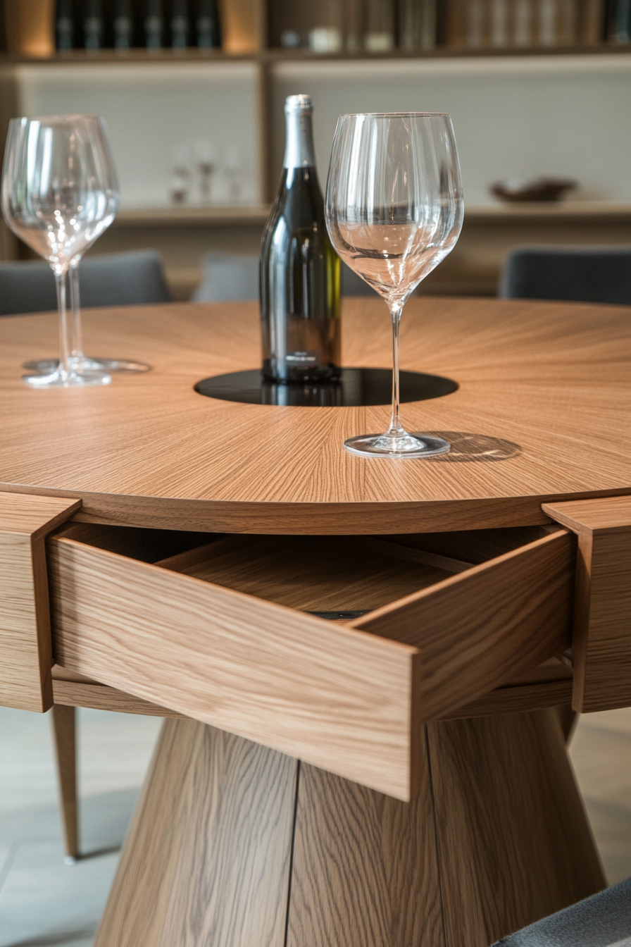 Dining table for small spaces. Circular design with secret drawer.