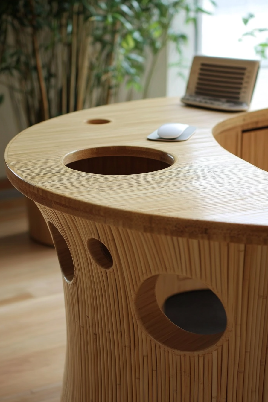 Compact workspace idea. Round bamboo desk with beige accents.