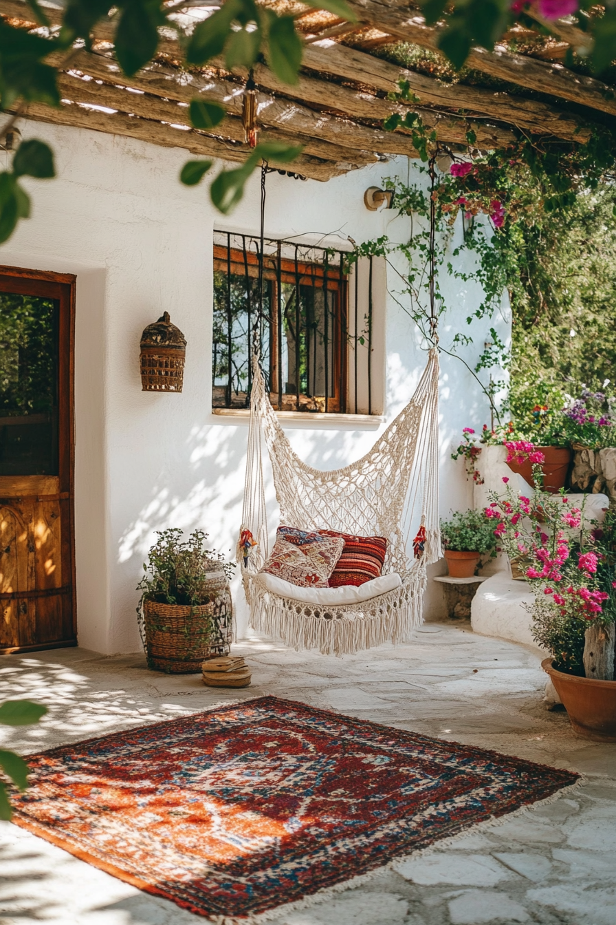 Bohemian patio. Macramé chair, embroidered cushions, kilim rug.