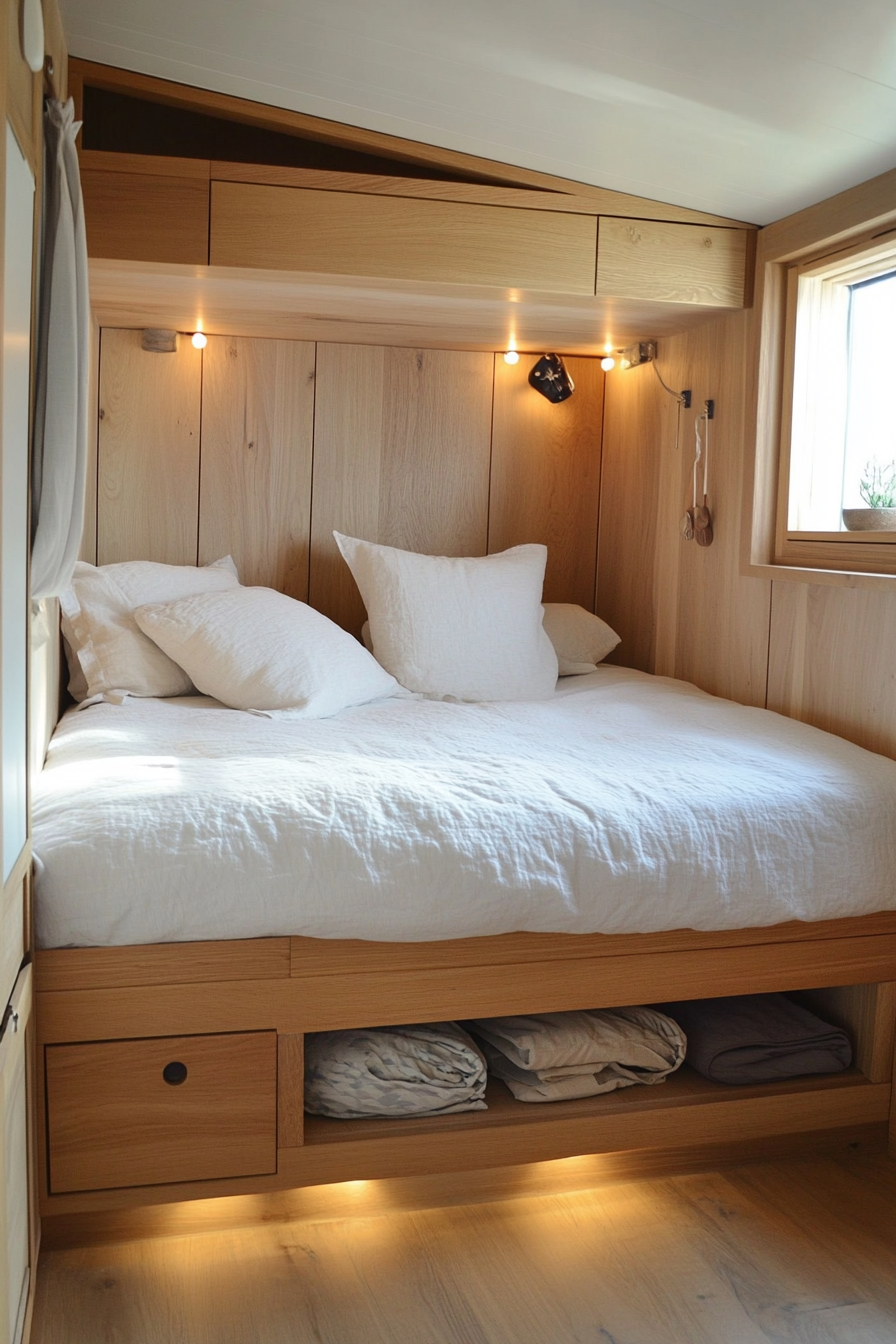 Tiny house bedroom. Wall-mounted oak nightstands, Space-saving hidden storage under ivory linen bed.