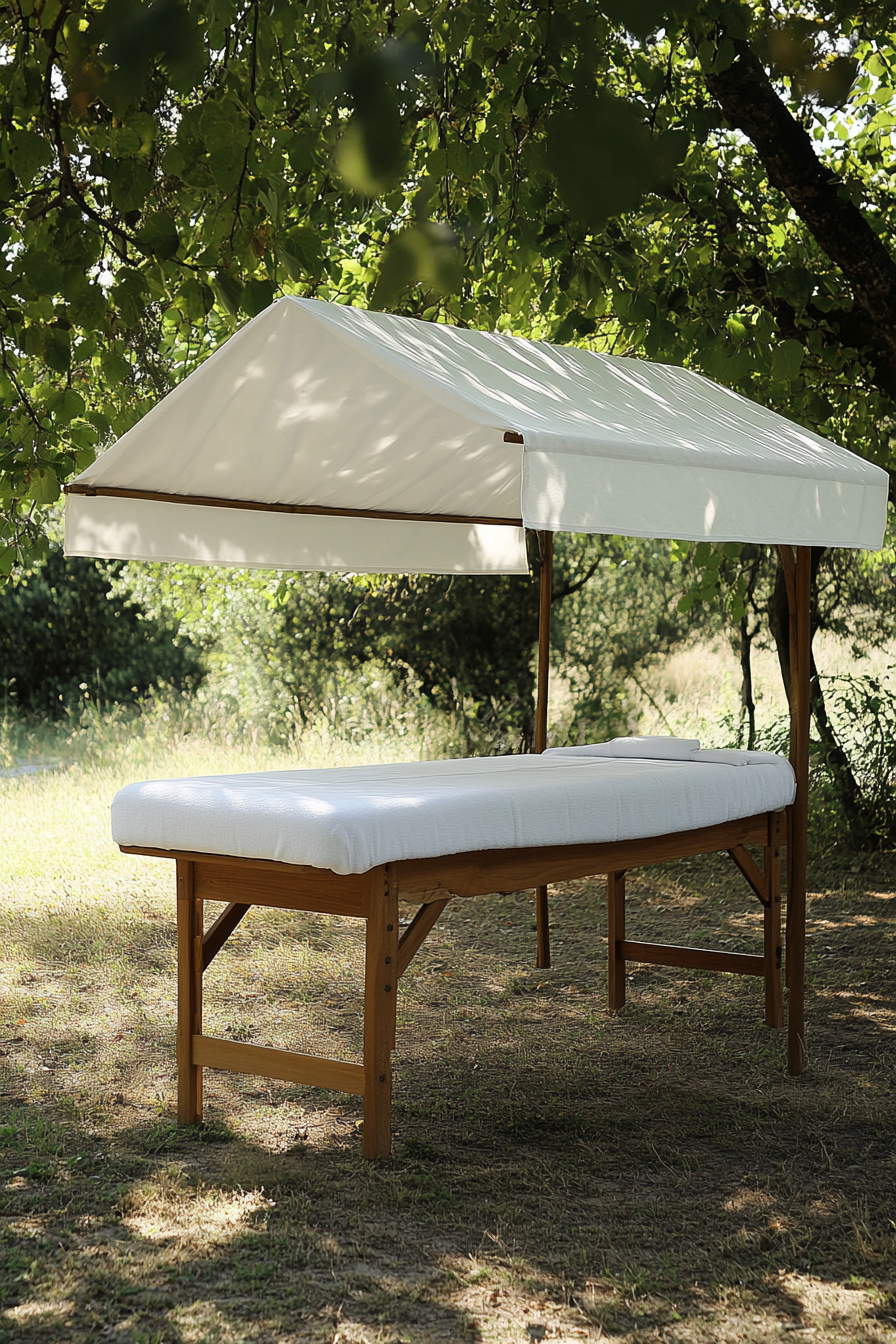 Outdoor massage table. Wooden frame with white fabric canopy.