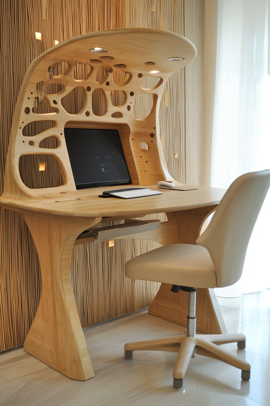 Mobile workspace design. Bamboo desk with beige ergonomic chair.