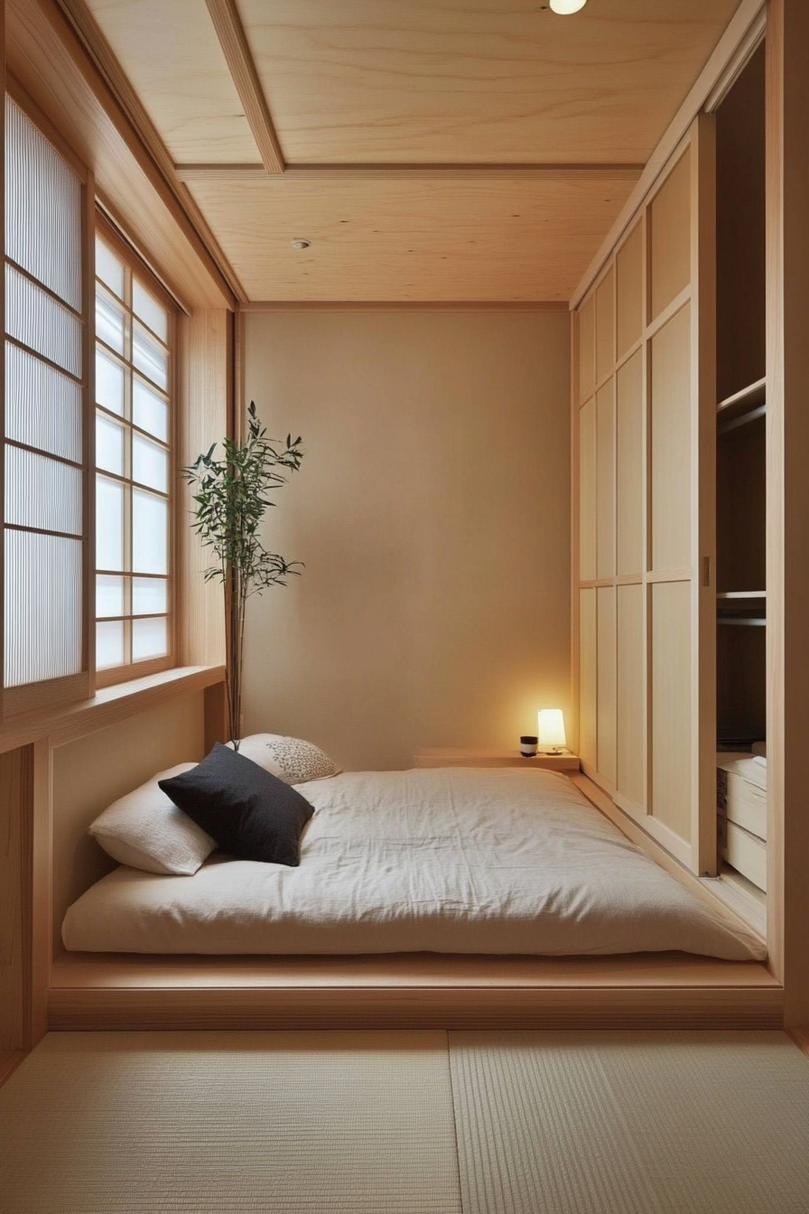 Micro bedroom design. Monochrome decor with Tatami mat floor.