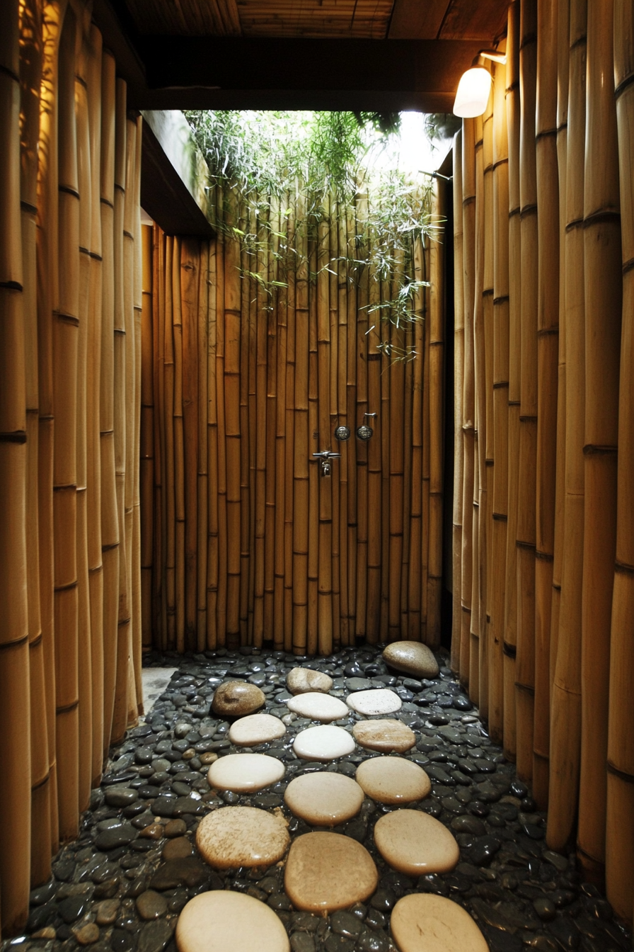 Tiny eco-bathroom concept. Bamboo walls with river rock floor.